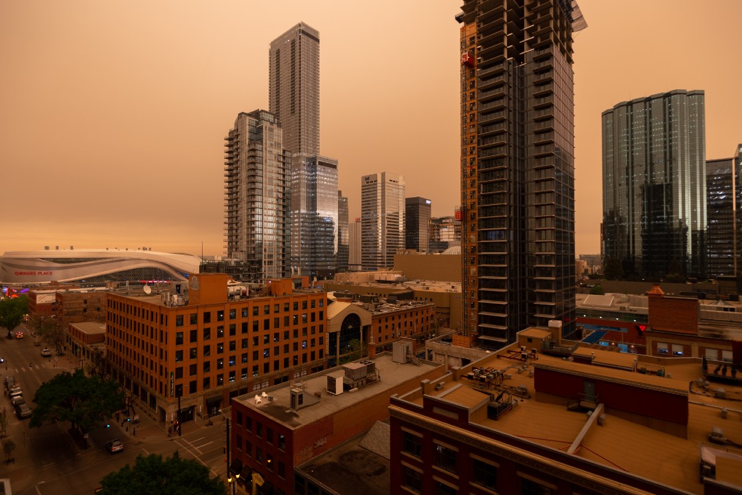 Smoky skies in downtown Edmonton.