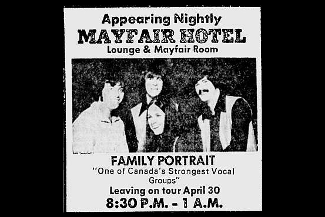 A newspaper clipping that reads, "Appearing Nightly, Mayfair Hotel, Lounge & Mayfair Room"