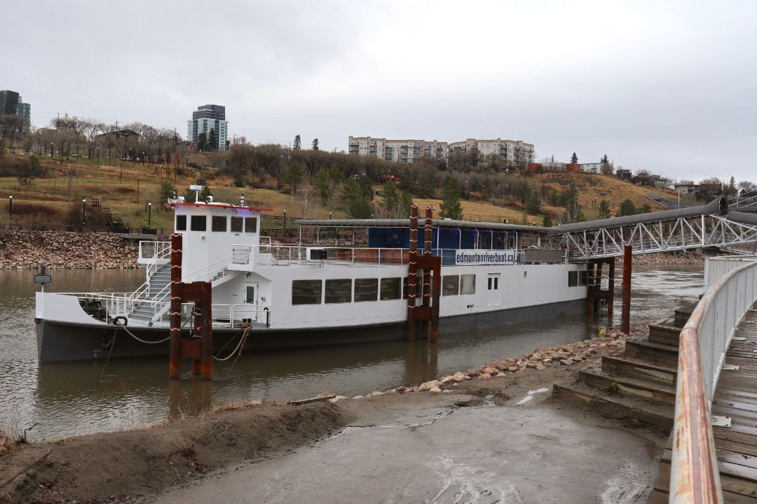 The Edmonton Riverboat docked at Rafter's Landing in May 2024.