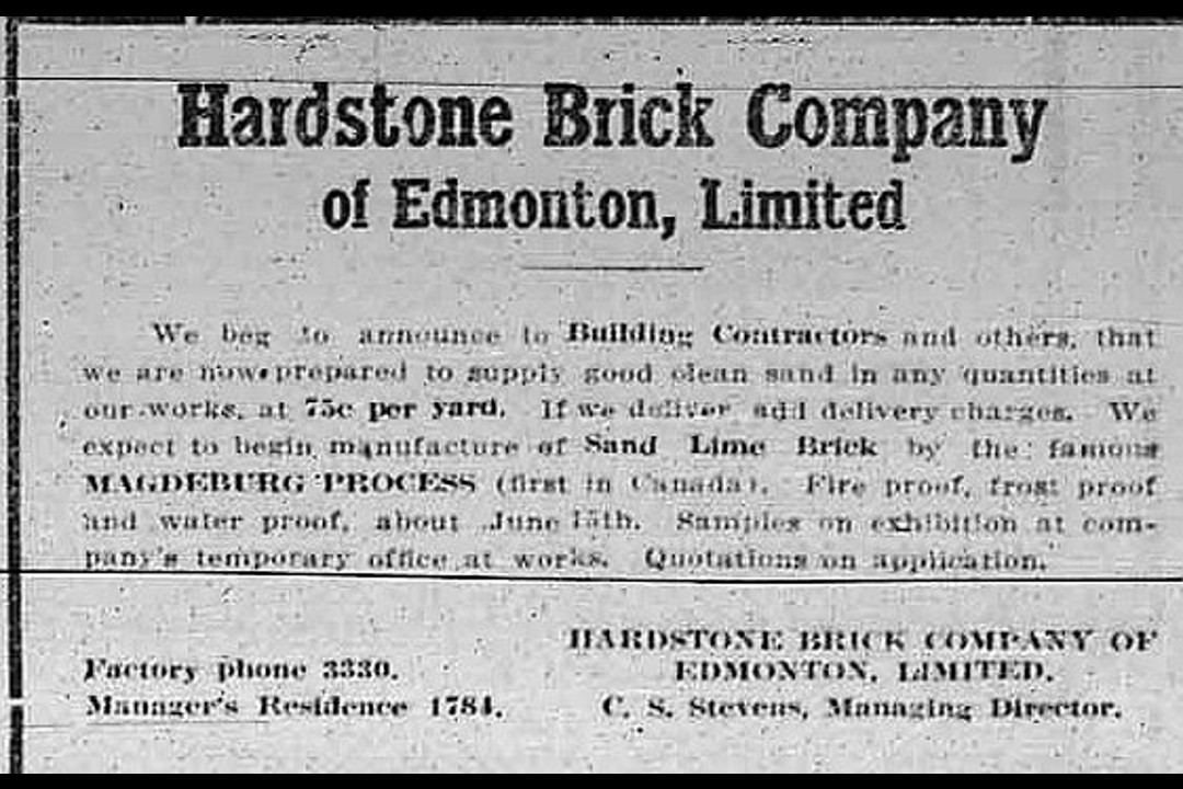 A newspaper clipping that reads, "Hardstone Brick Company of Edmonton, Limited"