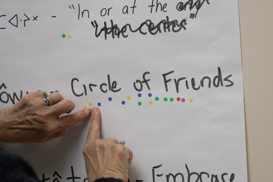 Hands that appear to belong to an older woman point to the phrase "Circle of Friends" with several dot stickers under it.
