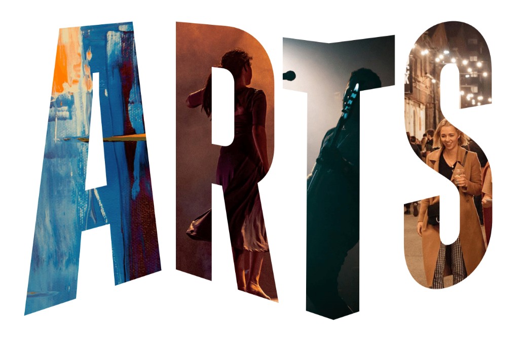 The word "ARTS" in block letters with images representing visual art, theatre, music, and coming together superimposed on the letters