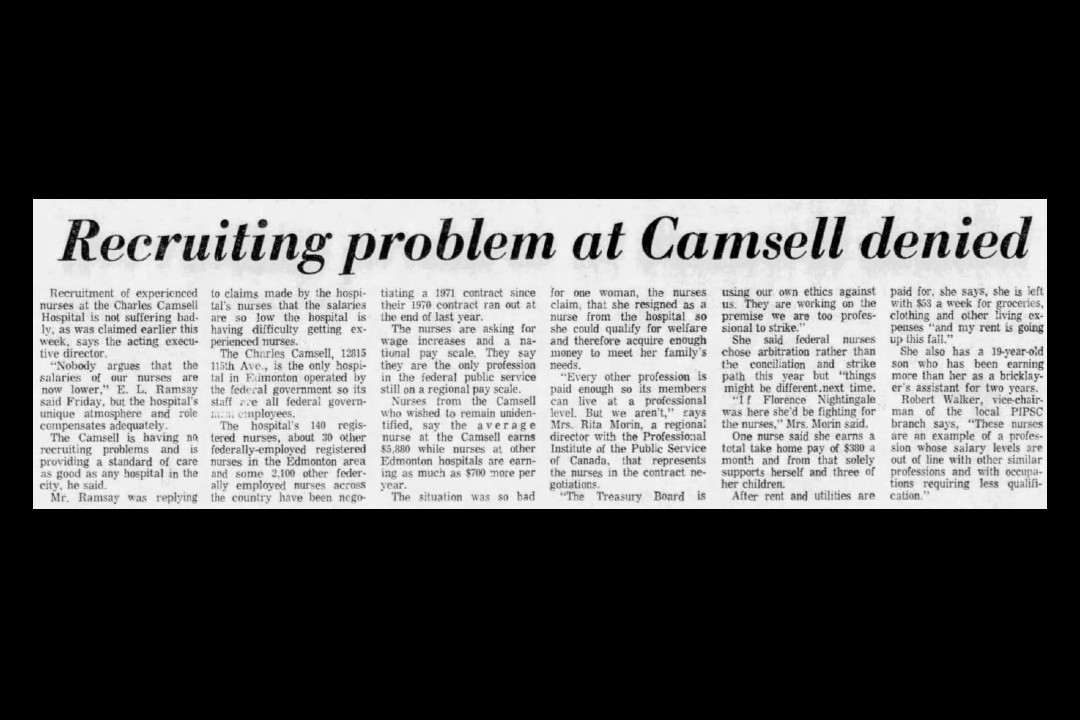 A newspaper clipping that reads "Recruiting problem at Camsell denied"