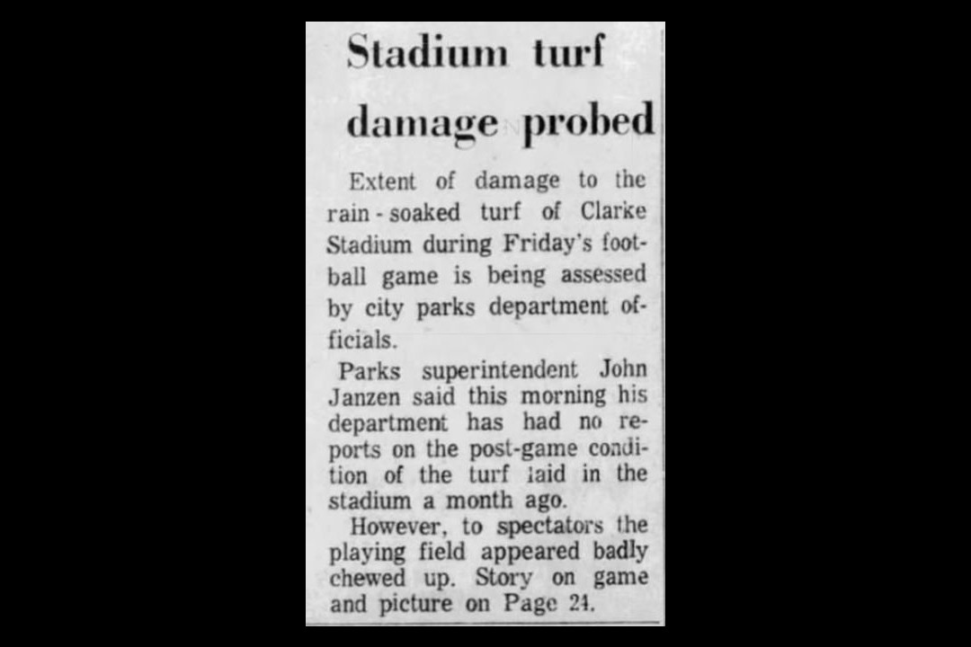A newspaper clipping with a headline that reads, "Stadium turf damage probed"