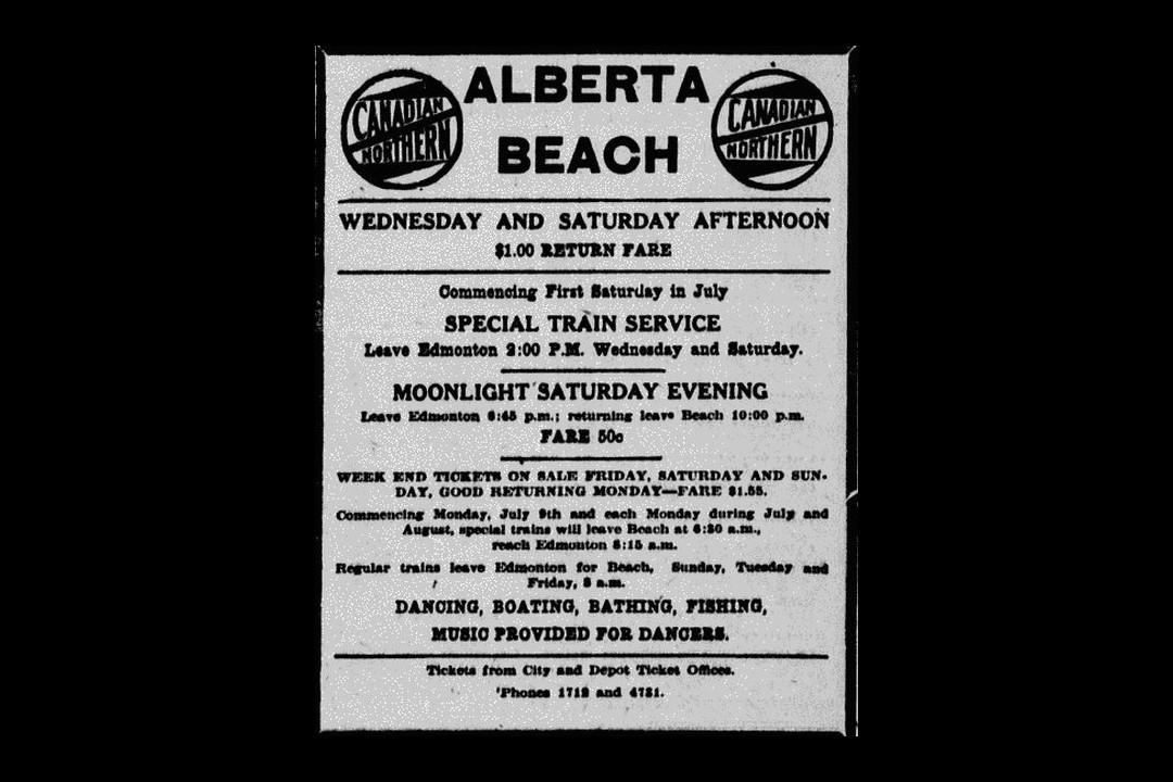 A newspaper clipping of an ad from 1917 that details a train service from Edmonton to Alberta Beach