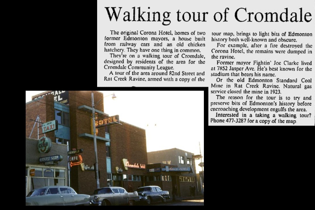 A newspaper clipping from 1979 about the Cromdale walking tour is in a larger collage that includes a 1950s image of the hotel
