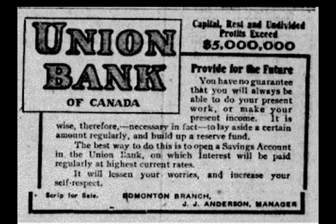 A newspaper clipping that reads "Union Bank" and describes a savings account at the bank