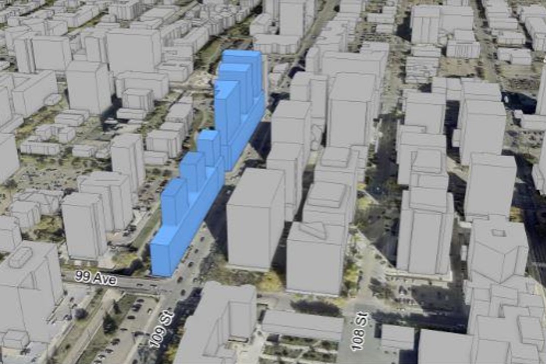 A 3D rendering of tall buildings in downtown Edmonton.