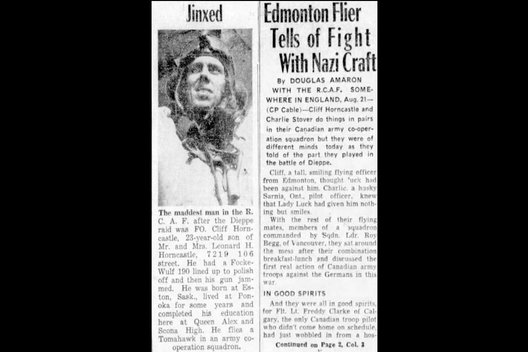 A collage of newspaper clippings. One headline reads, "Edmonton Flier Tells of Fight With Nazi Craft."