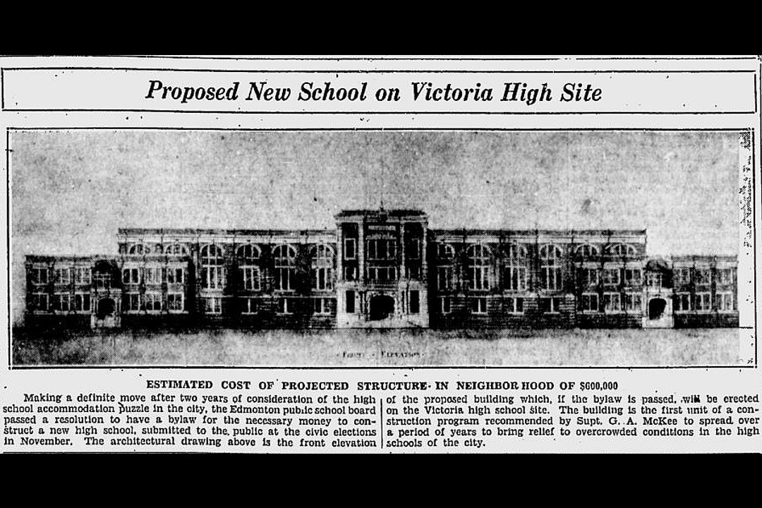 A newspaper clipping that shows a rendering of a Victorian-era school building. The headline reads, "Proposed New School on Victoria High Site."