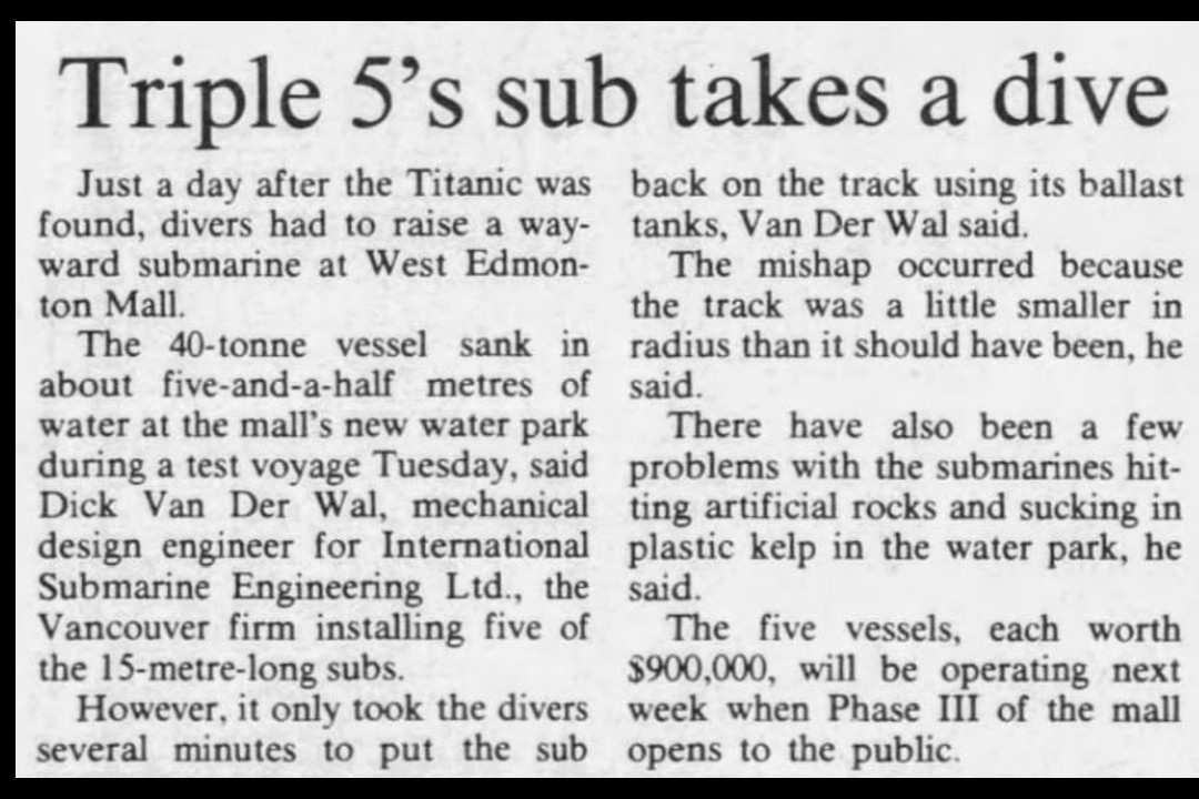 A newspaper clipping with a headline that reads, "Triple 5's sub takes a dive"