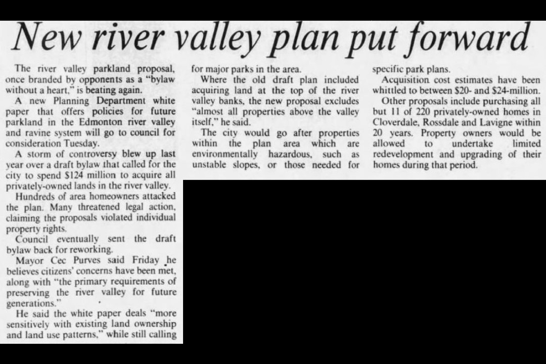 A newspaper clipping that reads, "New river valley plan put forward"