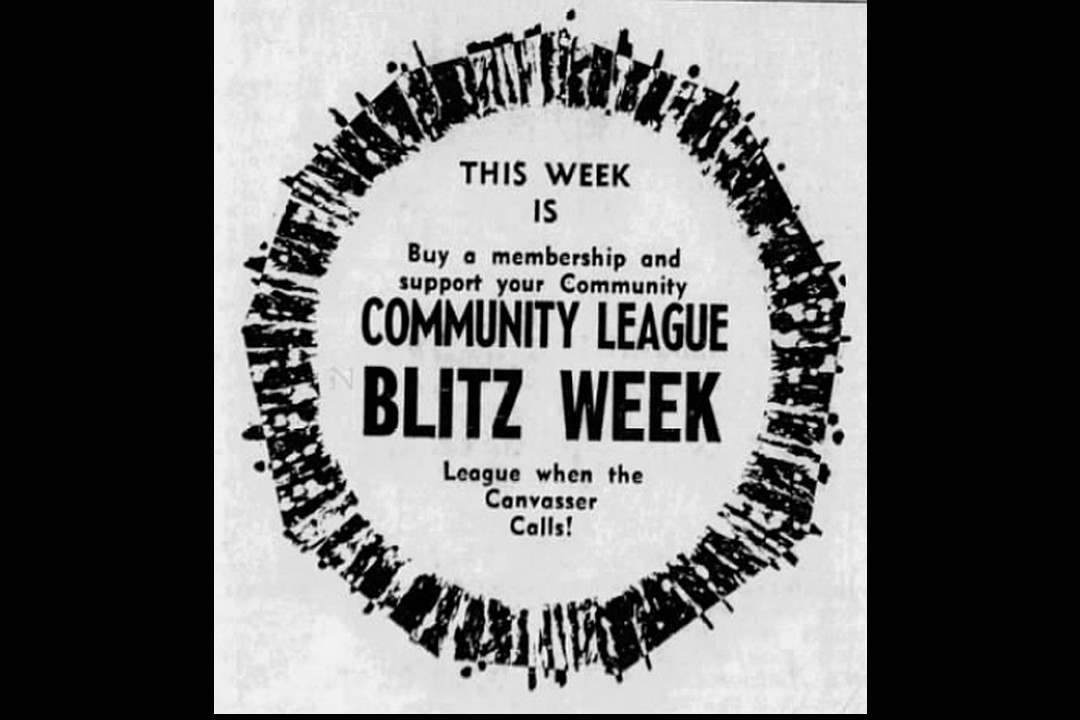 A newspaper clipping that reads, "Community League Blitz Week"