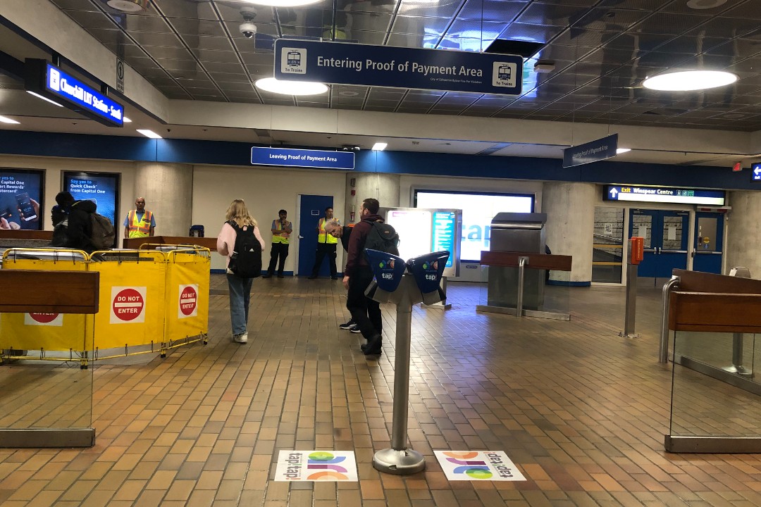 A picture of the fare payment area at an underground LRT station in Edmonton.