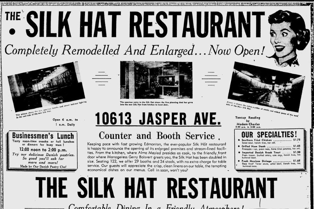 A newspaper clipping from 1953 of advertisements about the Silk Hat restaurant.