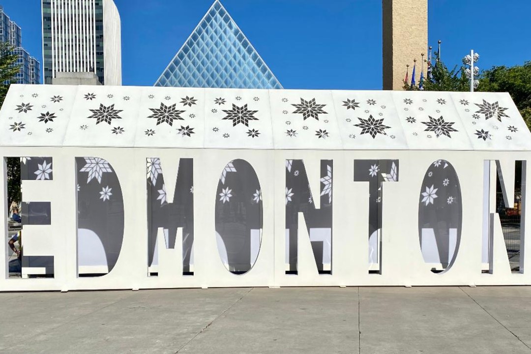 An artistic sign that reads "Edmonton" at Churchill Square.