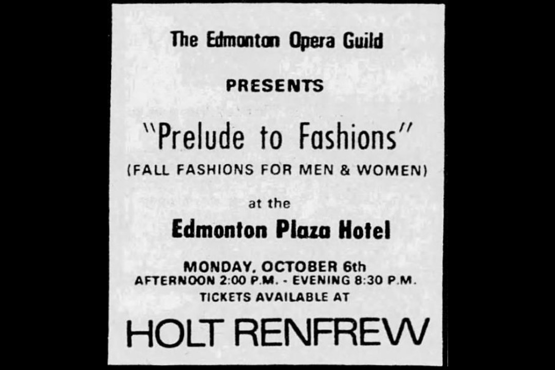 A newspaper clipping that reads, "The Edmonton Opera Guild presents a prelude to fashions."