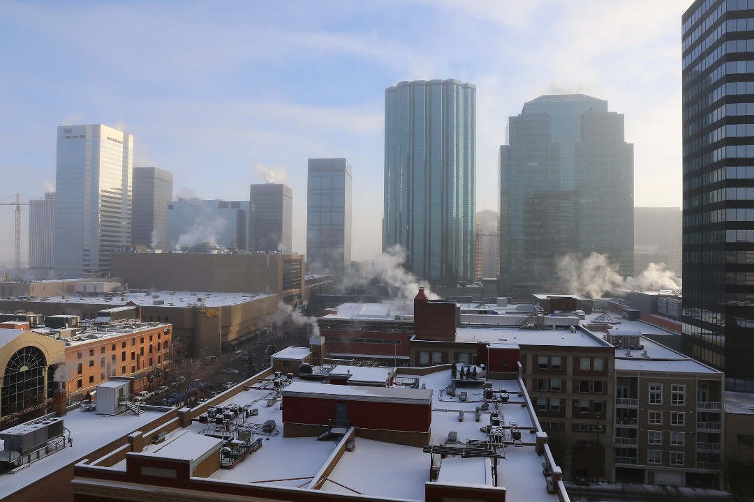 A photo of buildings during a cold day in Edmonton.