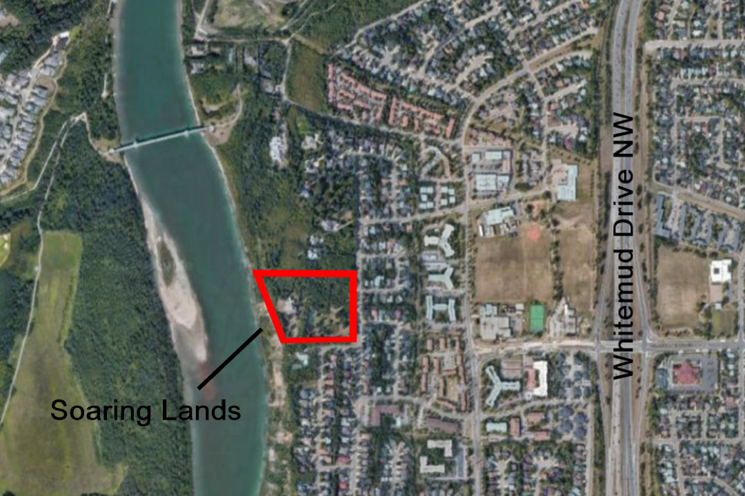 Satellite view of the Brander Gardens neighbourhood, showing the location of Soaring Lands site just east of the North Saskatchewan River