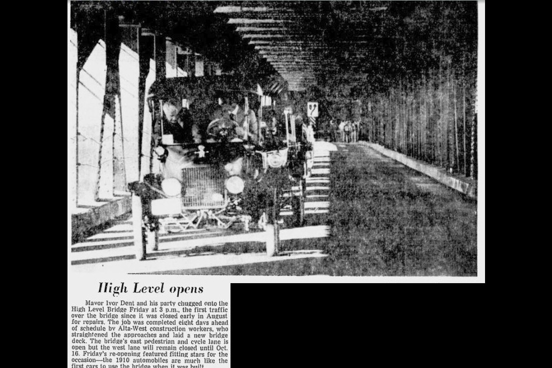 A newspaper clipping that shows a car from the 1910s driving across the High Level Bridge in 1971.