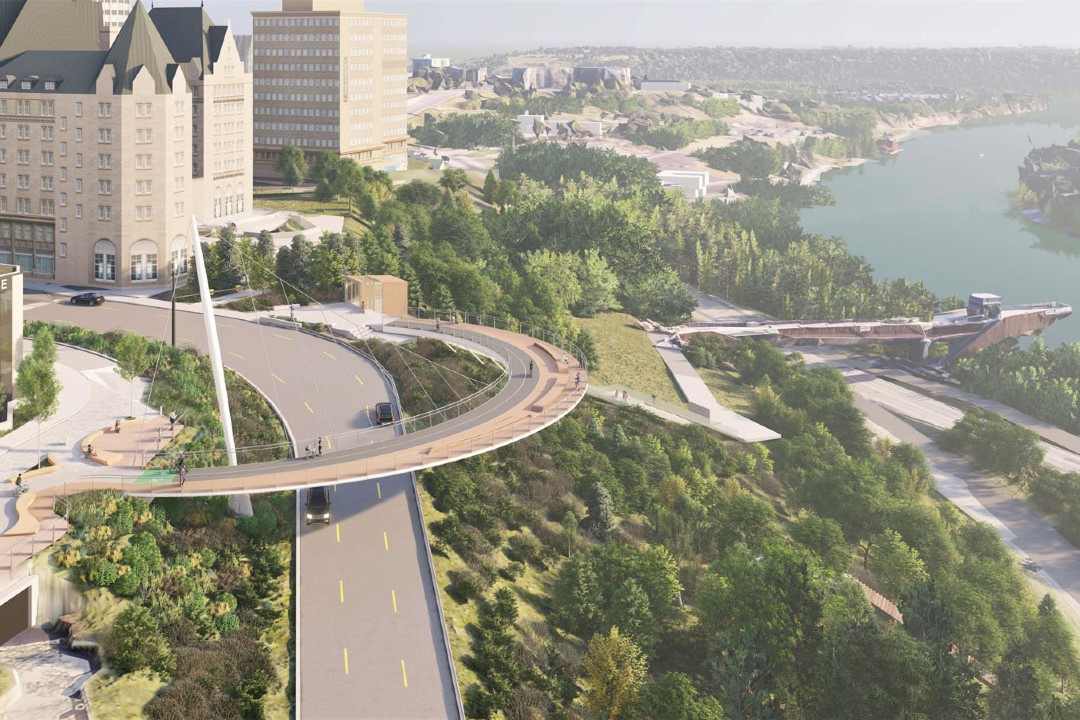 A rendering of a semi-circular pedestrian bridge at the crest of a hill that leads into downtown Edmonton.