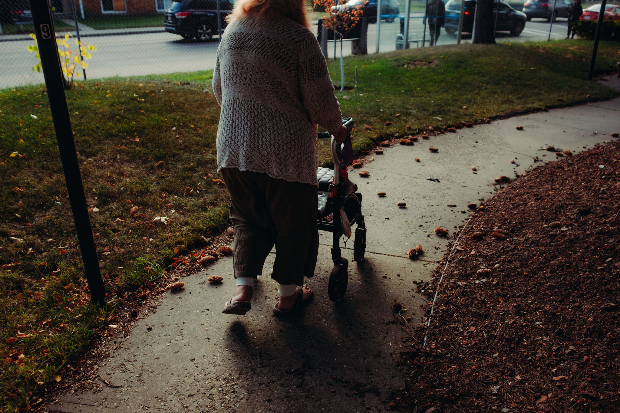 A woman with a walker walks on a path.