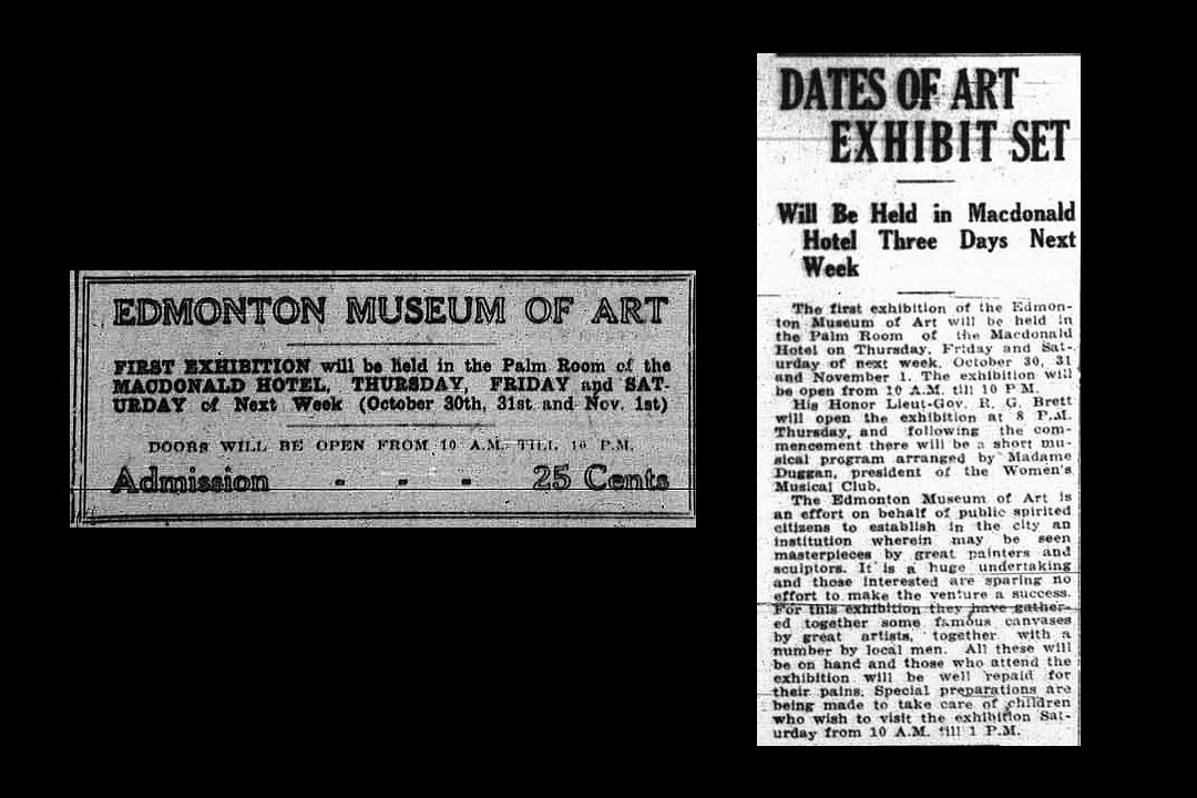 Two newspaper clippings from 1924 that detail the opening events for the Edmonton Museum of Art.