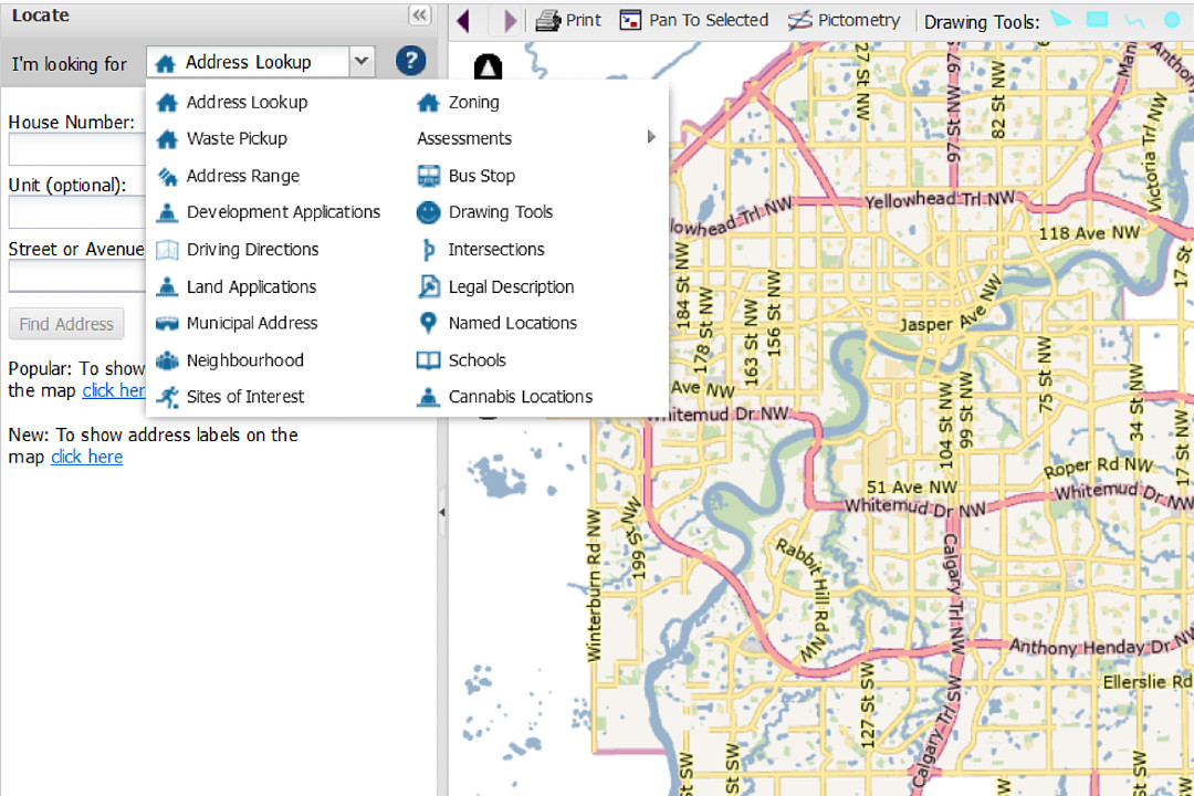 Screenshot of the search function on the City of Edmonton's main online maps tool