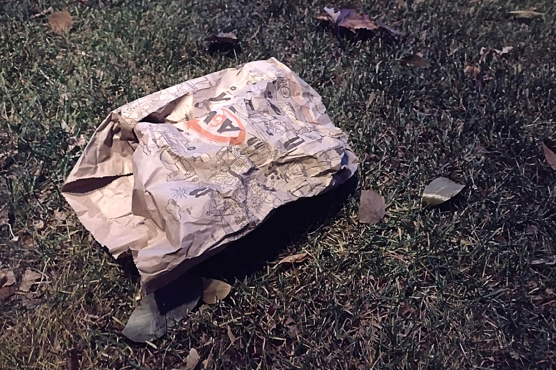 Paper take-out bag from A&W on the grass next to some leaves