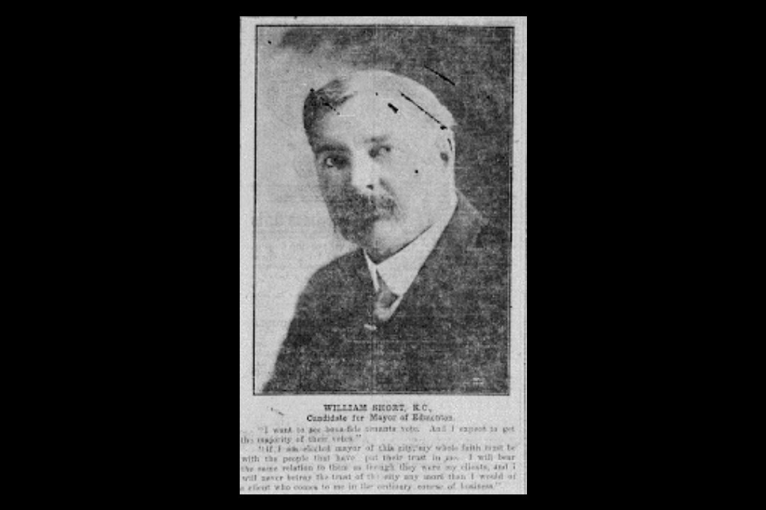 A newspaper clipping of a person with a moutache. The headline reads "William Short"