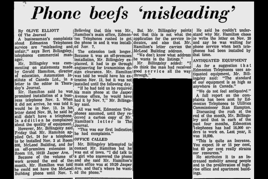 A newspaper clipping from 1969. The headline reads, "Phone beefs 'misleading'"