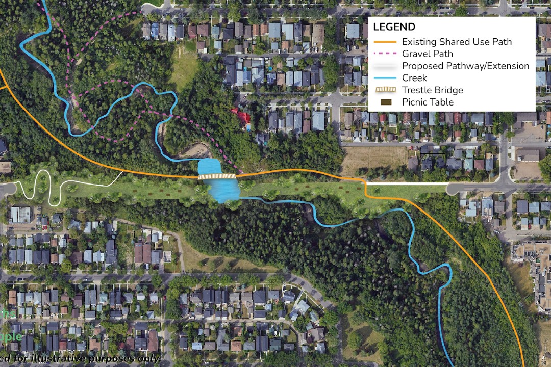 An overhead view demonstrating how 76 Avenue could be closed to vehicles where it crosses Mill Creek Ravine.