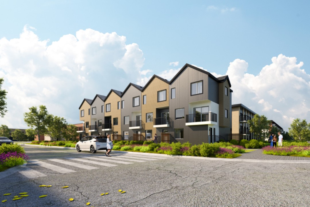 A rendering of black and brown rowhouses.