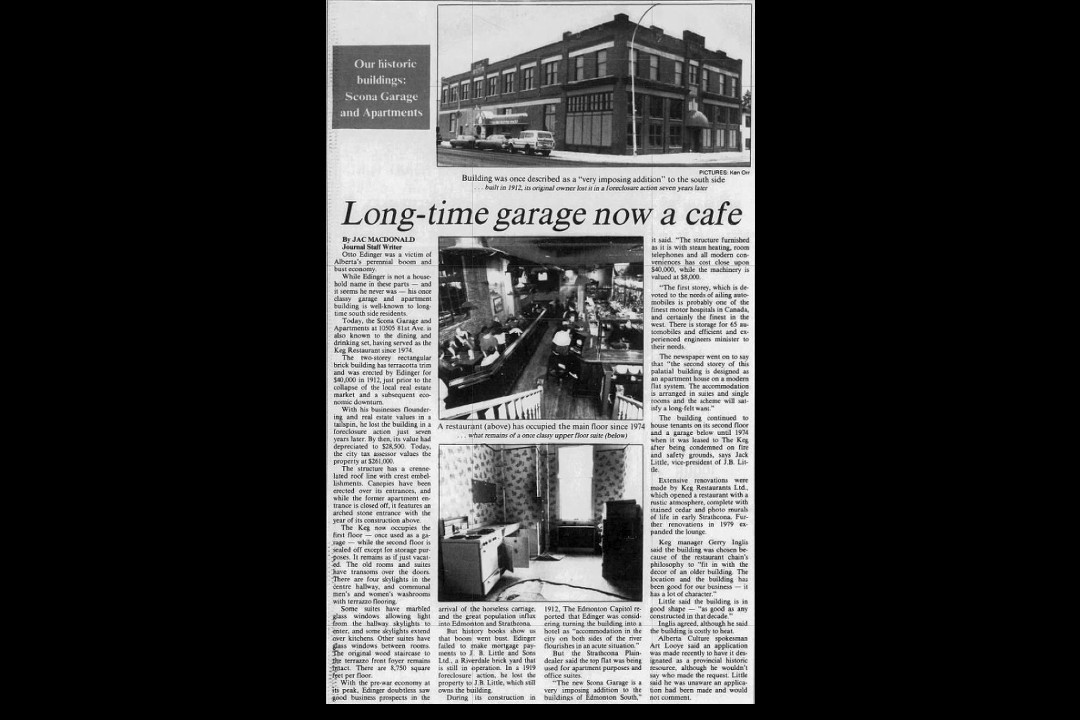 A newspaper clipping that reads, "Long-time garage now a cafe"