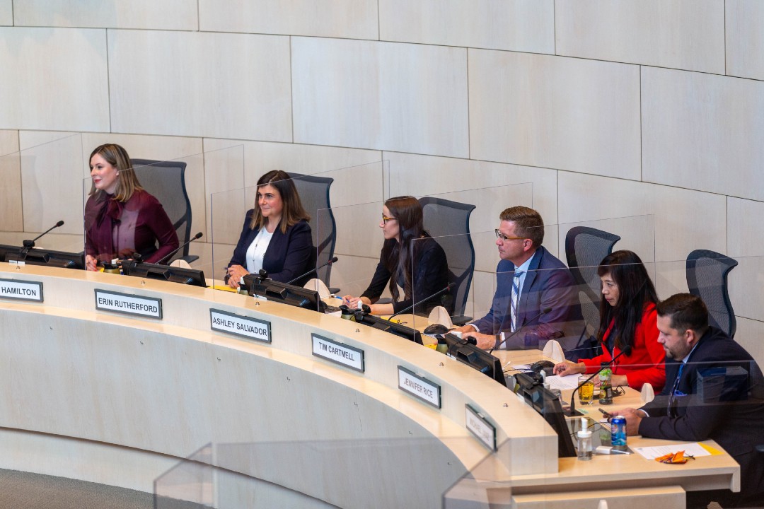 Councillors sit in council chambers.