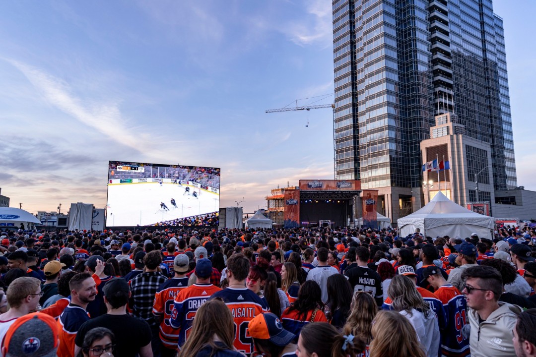 A photo of people partying at Edmonton's ICE District.