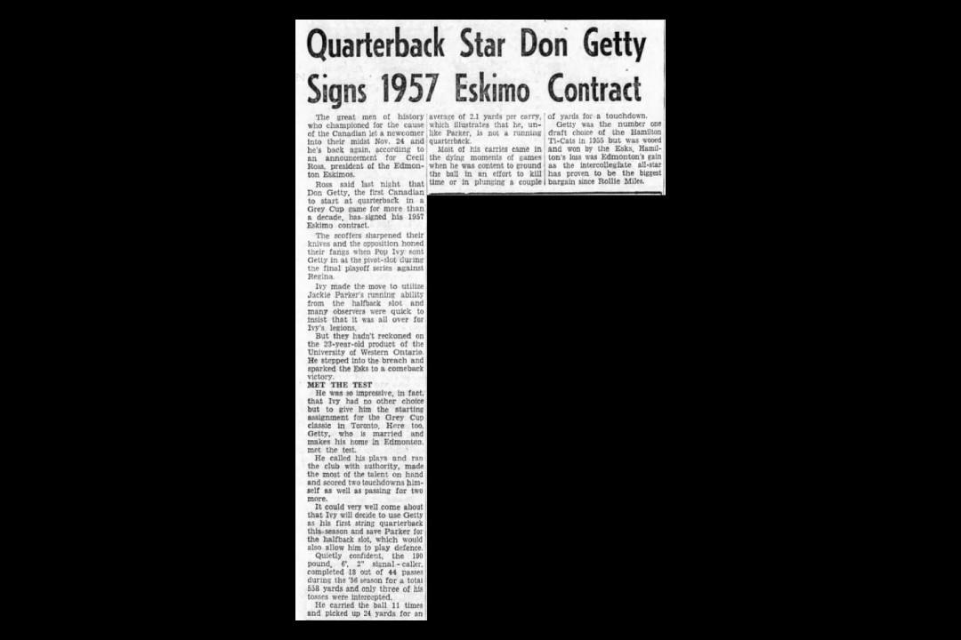 A newspaper clipping that reads, 'Quarterback Star Don Getty Signs 1957 Eskimo Contract'