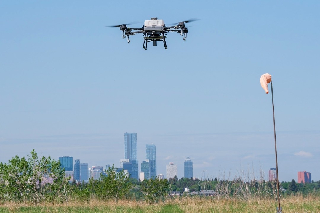 A drone flies above grass with a city skyline in the far background.