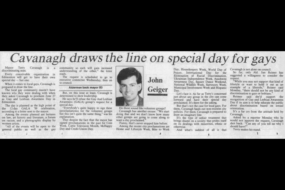 A newspaper clipping that reads, 'Cavanagh draws the line on special day for gays'