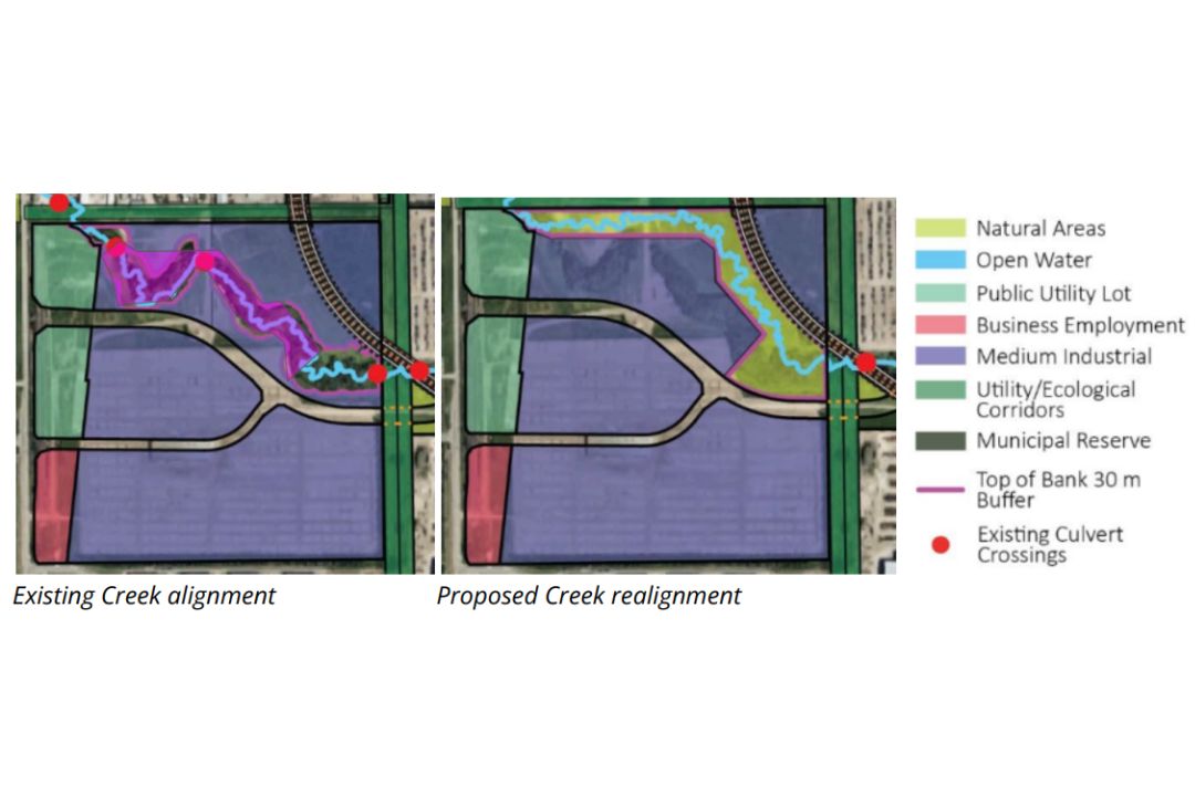 Business park proposes relocating creek and downing 6,900 trees to expand An illustration shows the current and proposed location of Fulton Creek.