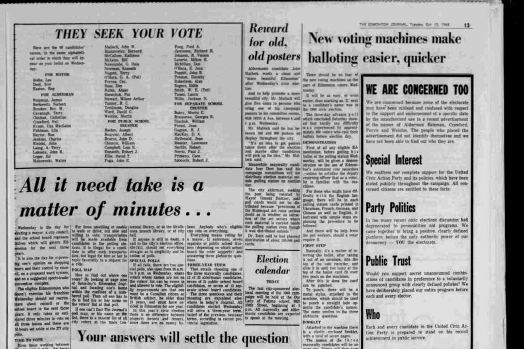 A digital scan of a newspaper with headlines about that year's municipal election in Edmonton.