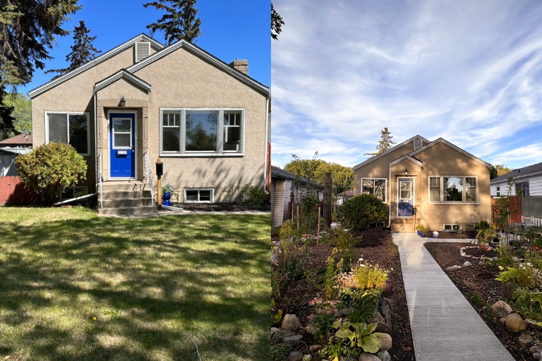 Campaign aims to see Edmonton cut the lawn and replace with gardens, native plants A before-and-after comparison of a lawn that was once just grass and now has a wide variety of plant life.