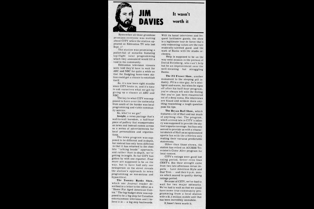 A moment in history: May 9, 1975 A newspaper clipping for a column about CITV, with a headline that reads, "It wasn't worth it."