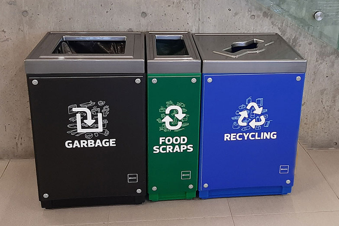 Calls for public engagement: Parks, waste reduction, food finder tool Public waste containers with bins for garbage, food scraps, and recycling