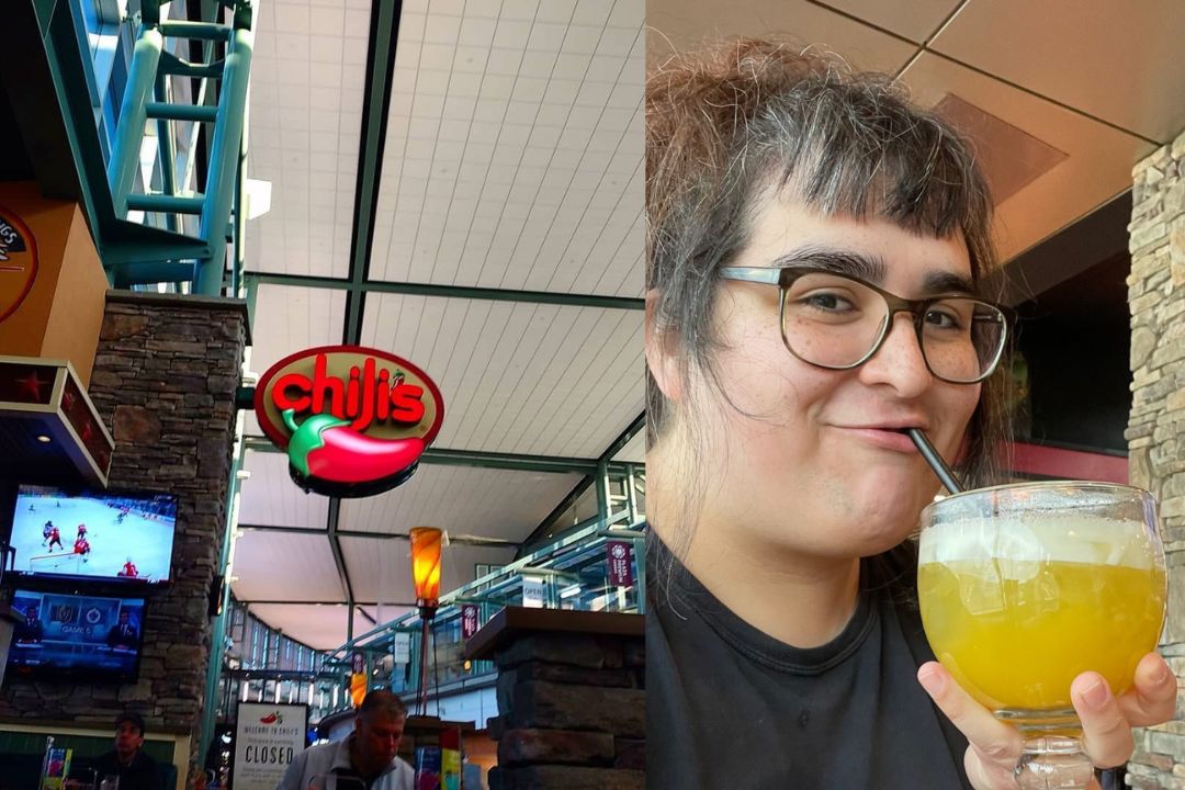 Musician collects oral histories of Edmonton's 'sacred space' — the airport Chili's A collage showing the sign for a Chili's restaurant on the left, and a woman drinking a margarita on the right.