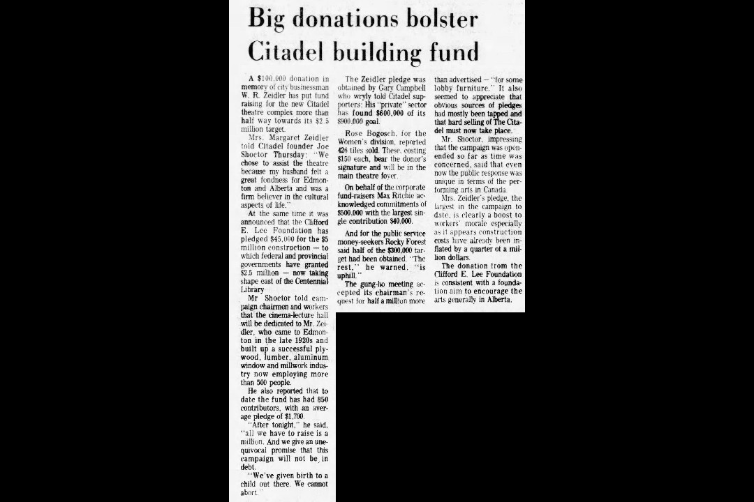 A newspaper clipping that reads, "Big donations bolster Citadel building fund."