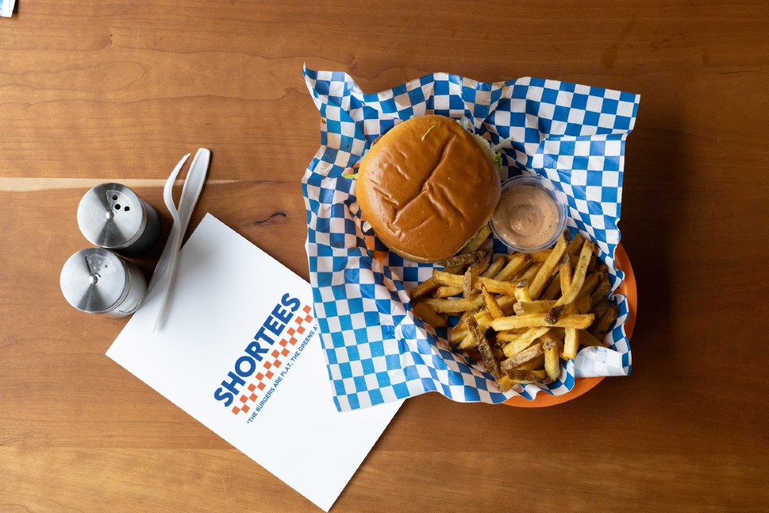 A photograph of a hamburger that's branded Shortees, the name of the new restaurant at Rundle Park Golf Course.