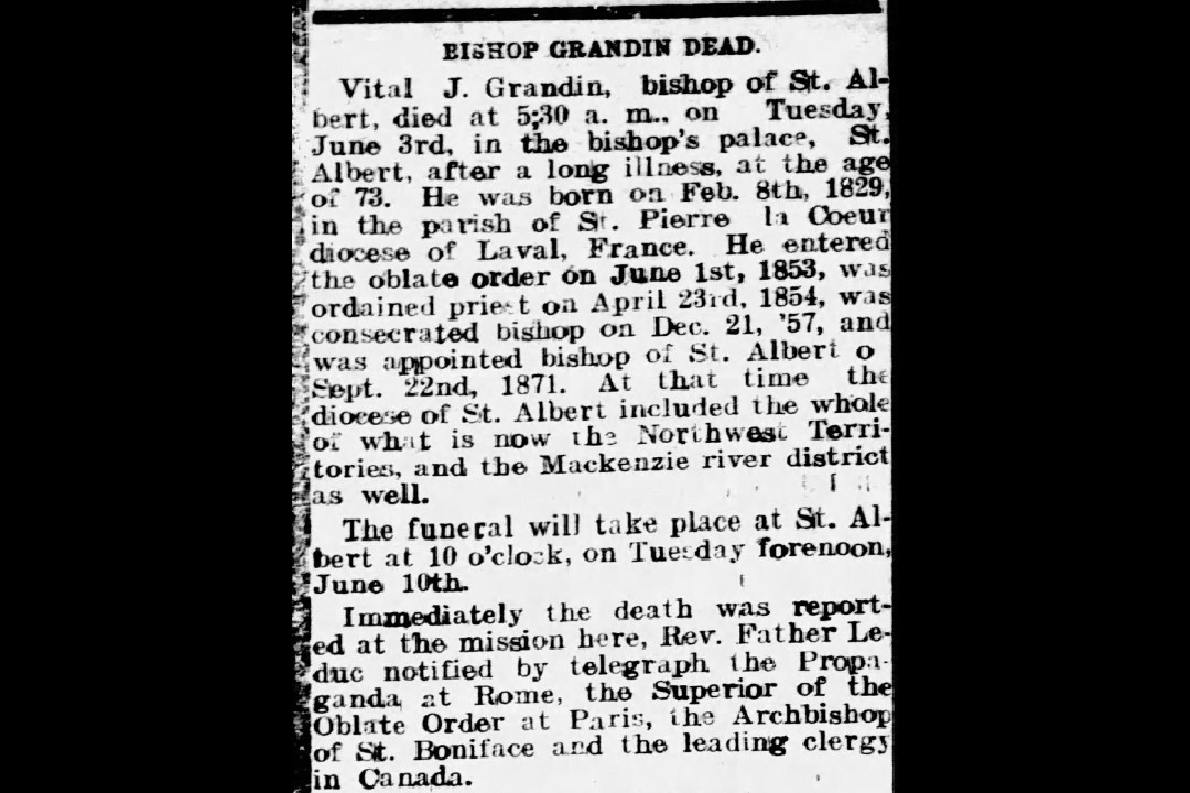 A moment in history: June 6, 1902 A newspaper clipping that reads, "Bishop Grandin Dead".