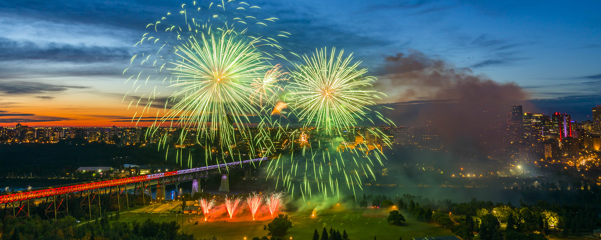 Happenings: July 1, 2025 Fireworks above the High Level Bridge as seen from the Alberta Legislative grounds