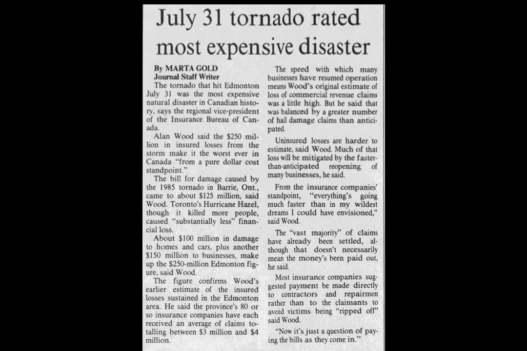 A moment in history: Aug. 29, 1987 A newspaper clipping that reads, "July 31 tornado rated most expensive disaster"